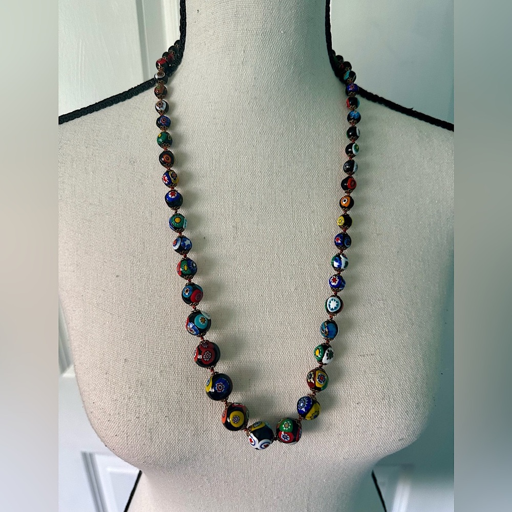 VENETIAN MURANO COLORFUL MILLEFIORI GLASS BEAD NECKLACE & EARRING ITALY VINTAGE